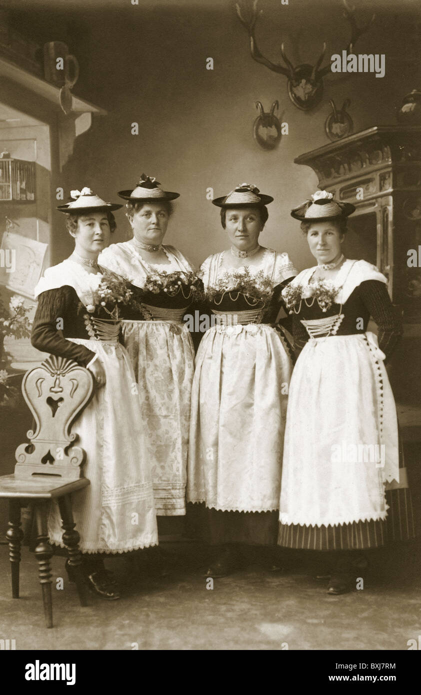 tradition / folklore, Germany, Bavaria, circa 1909, four women in traditional Bavarian costumes, circa 1909, dirndl, hat, hats, 20th century, historic, historical, people, German, 1900s, nostalgia, female, woman, Additional-Rights-Clearences-Not Available Stock Photo