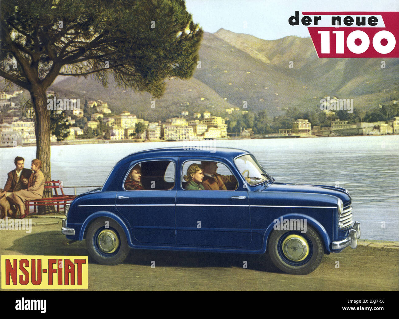 advertising, cars, NSU Fiat 1100, Italy, 1953, 1950s, 50s, 20th century, historic, historical, lakefront, lakeside, holiday trip, holiday trips, Lake Garda, travel, traveling, travelling, four-seater, four-seaters, Italian, column gear change, automobile, automobiles, car, people, Additional-Rights-Clearences-Not Available Stock Photo