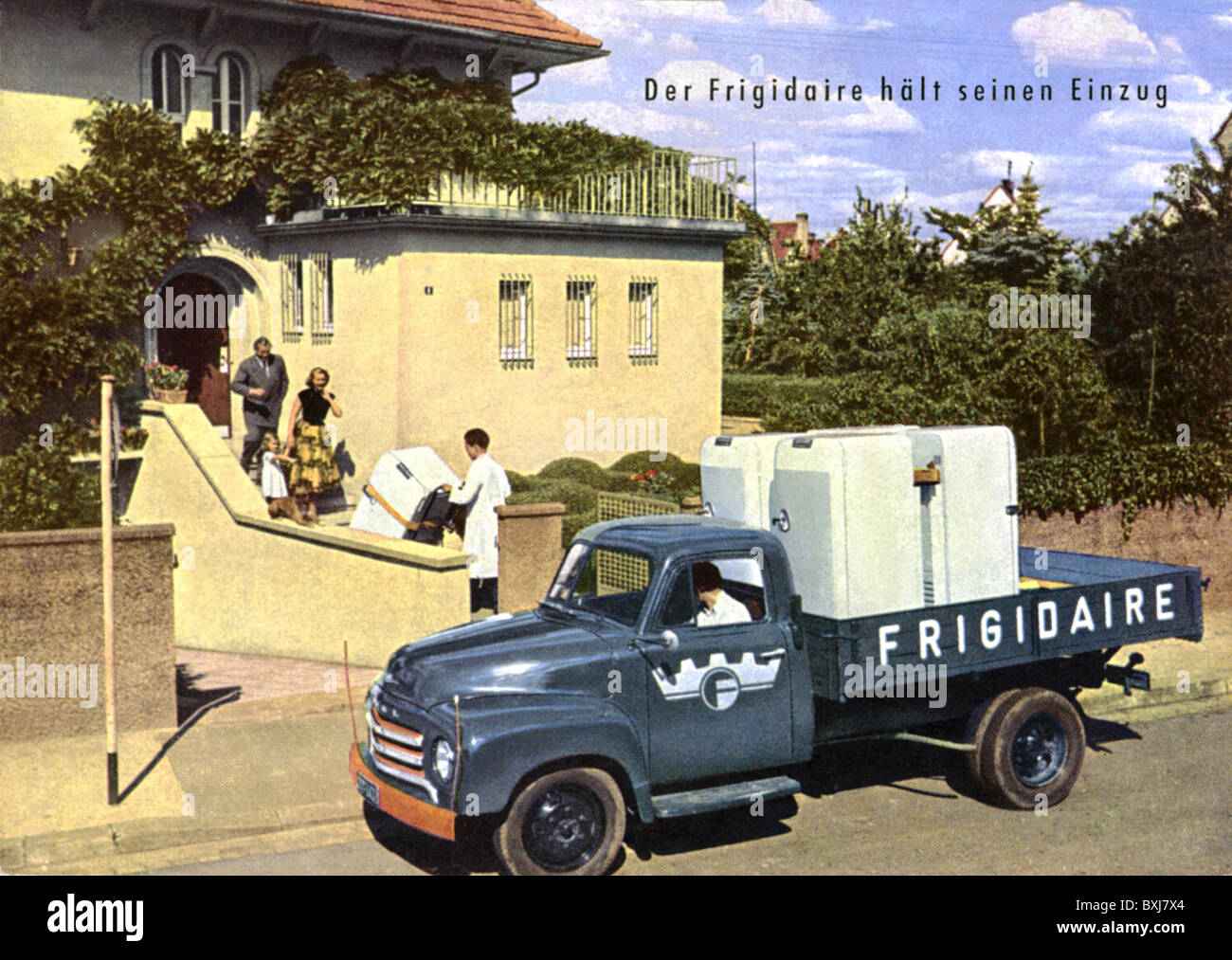 trade, goods transport, lorry with refrigerators, delivery of Fridigaire, advertising postcard, Germany, circa 1953, Additional-Rights-Clearences-Not Available Stock Photo