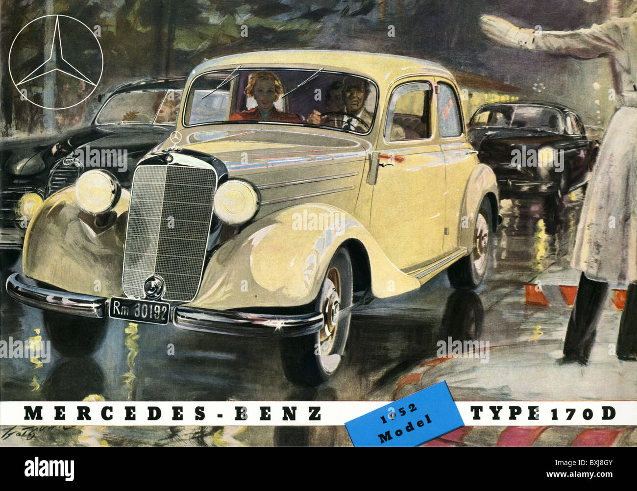transport / transportation, car, vehicle variants, Mercedes Benz, Typ 170 D, build from 1949 until 1953, Germany, 1952, 1950s, 50s, 20th century, historic, historical, Daimler Benz, Daimler Chrysler, diesel, diesel engine, diesel engines, bonnet, engine bonnet, hood, bonnets, engine bonnets, hoods, prospectus, rain, driver, drivers, city traffic, constable, constables, car, cars, automobile, automobiles, economic miracle, economic miracles, advertising, people, Additional-Rights-Clearences-Not Available Stock Photo