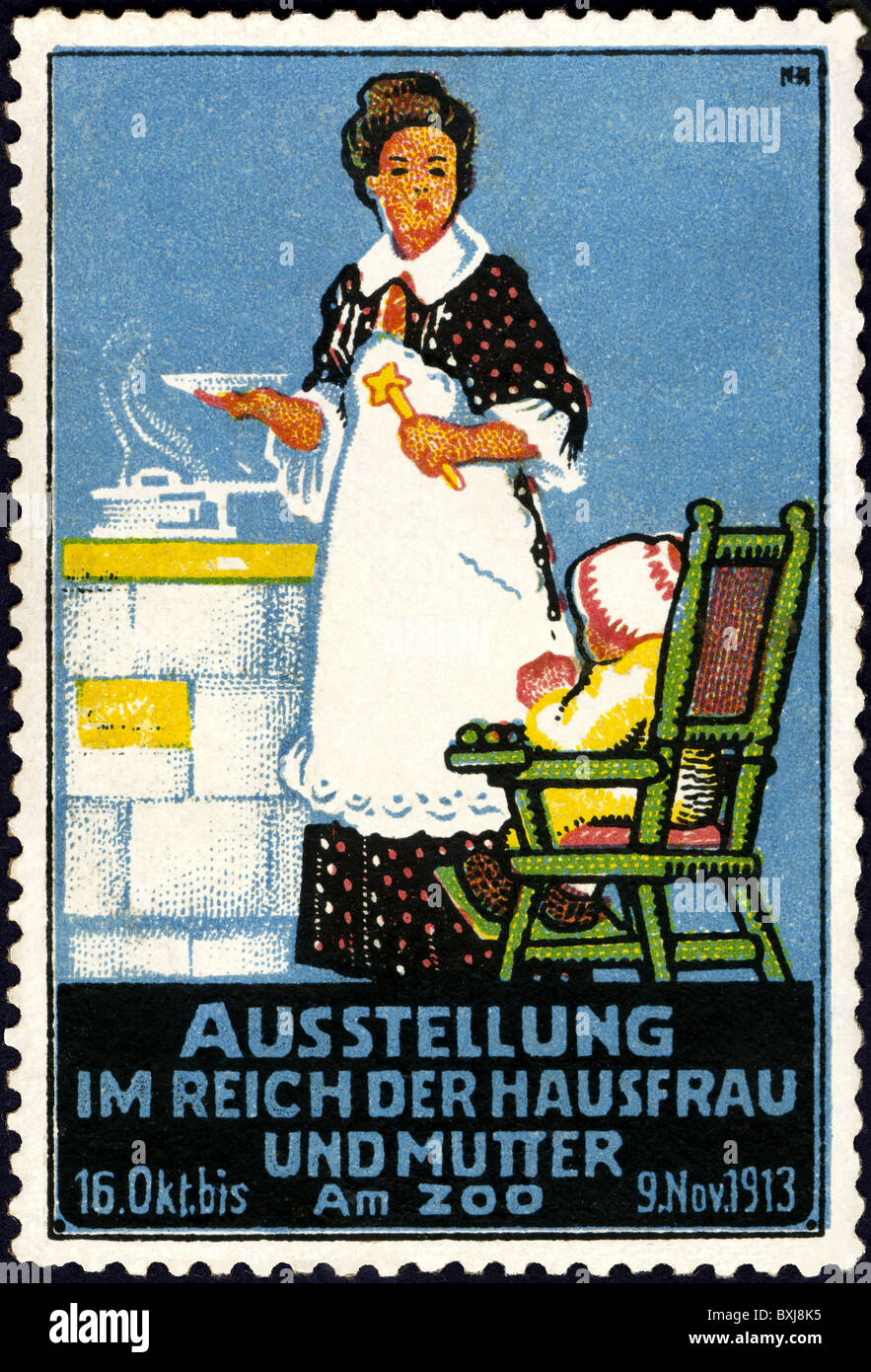 household, kitchen and kitchenware, mother is cooking for her child, Germany, advertising stamp, 1913, Additional-Rights-Clearences-Not Available Stock Photo