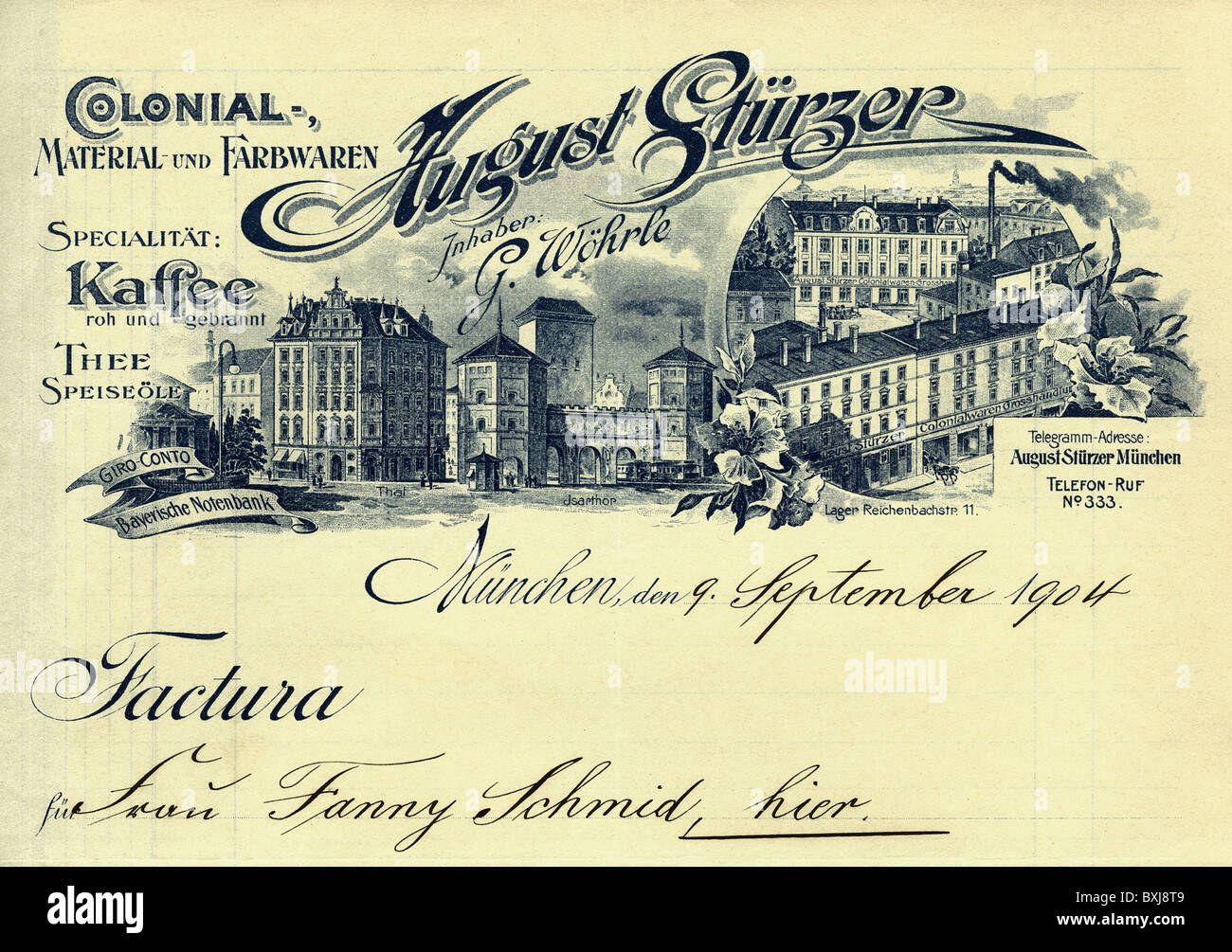 documents, invoice of Colonial material August Stuerzer Company, Munich, Germany, 1904, Additional-Rights-Clearences-Not Available Stock Photo