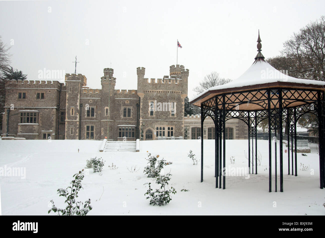 snow covered Whitstable Castle Gardens Stock Photo