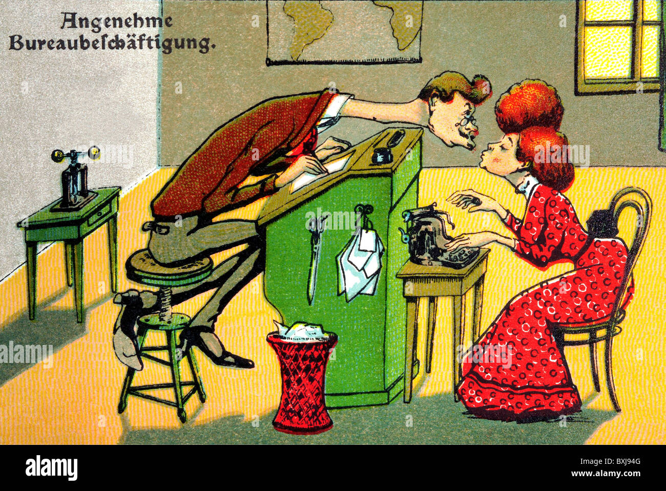 office, cartoon: secretary flirting with her boss, illustration, Germany, circa 1911, Additional-Rights-Clearences-Not Available Stock Photo