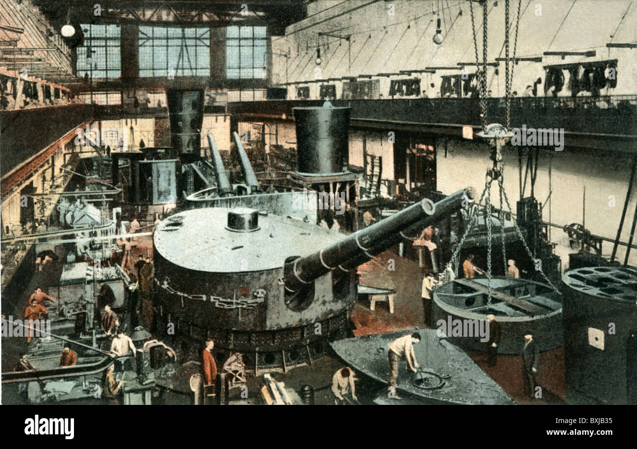 industry, armament industry, Krupp company, assembly of ship and coast gun-carriage, Essen, Germany, circa 1913, Additional-Rights-Clearences-Not Available Stock Photo