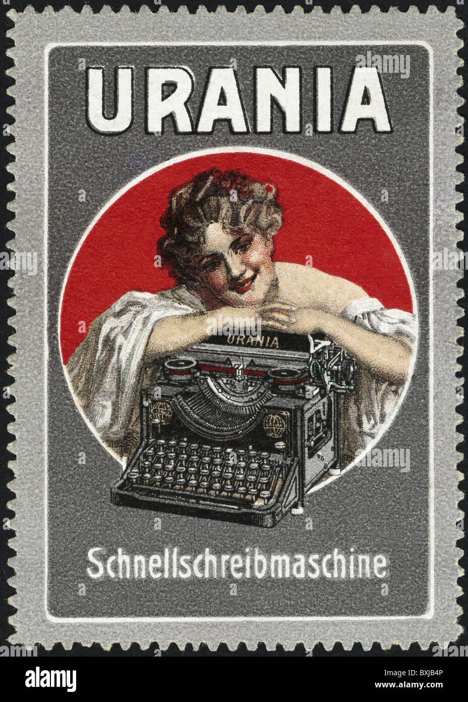 office, office equipment, poster stamp with advertisement for Urania