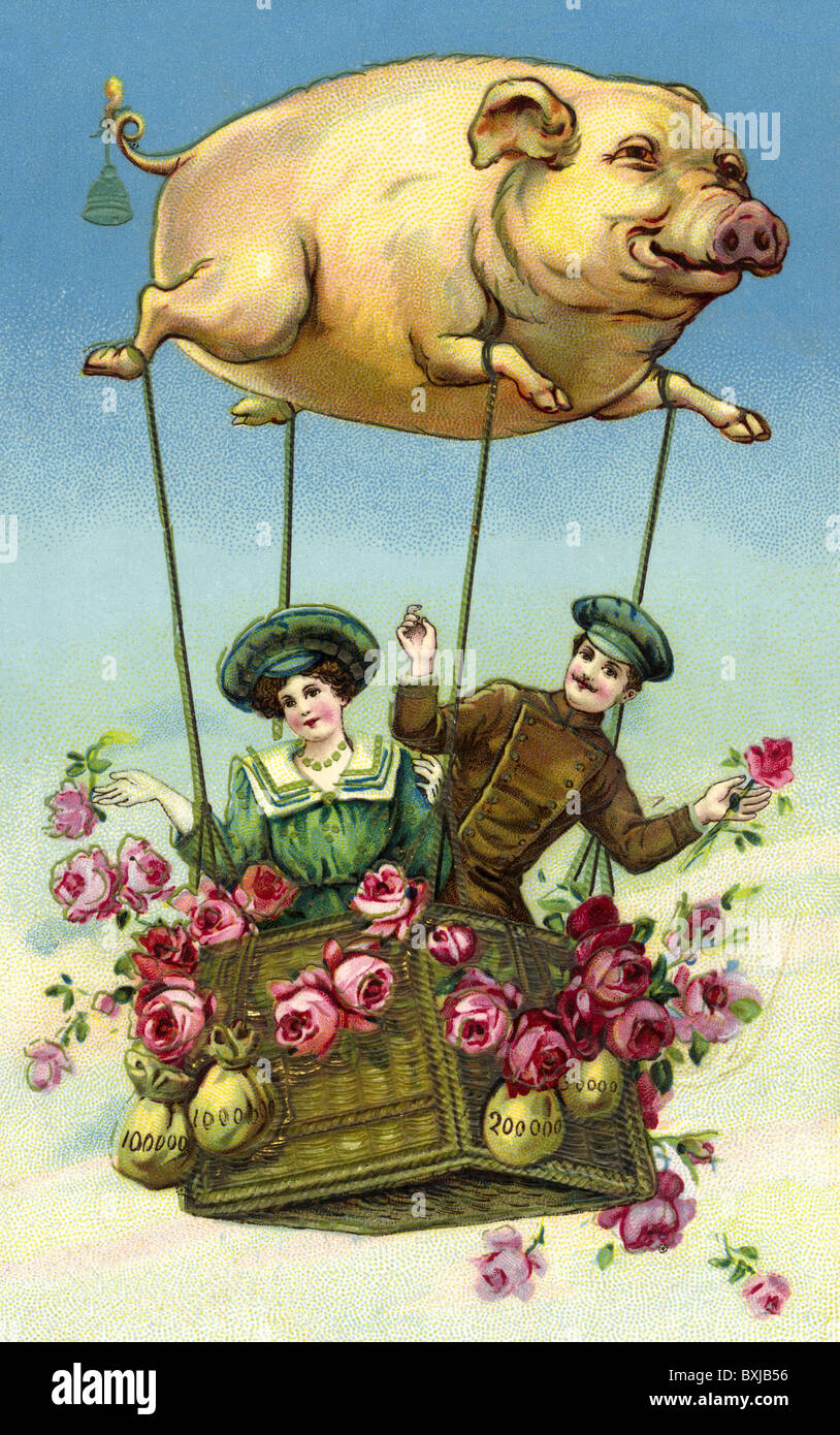kitsch / souvenir, balloon ride of a love couple, Germany, 1910 ...