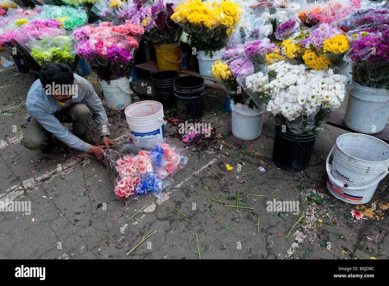 A man sells bunches of flowers in the flower market of Bogota, Colombia
