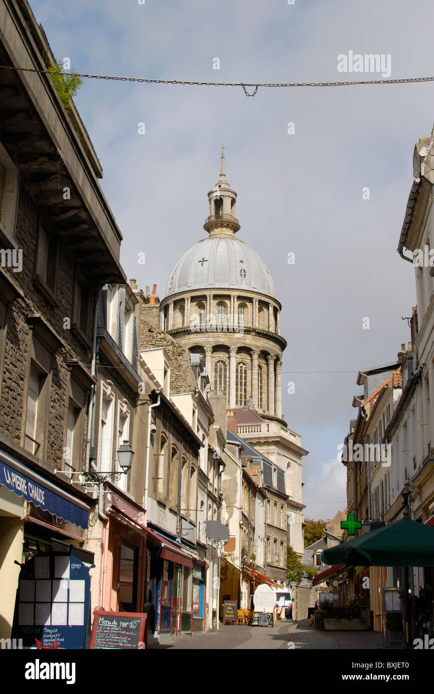Main street in Old Walled town of Boulogne. Pas de Calais. France. Cathedral of Notre Dame. Stock Photo