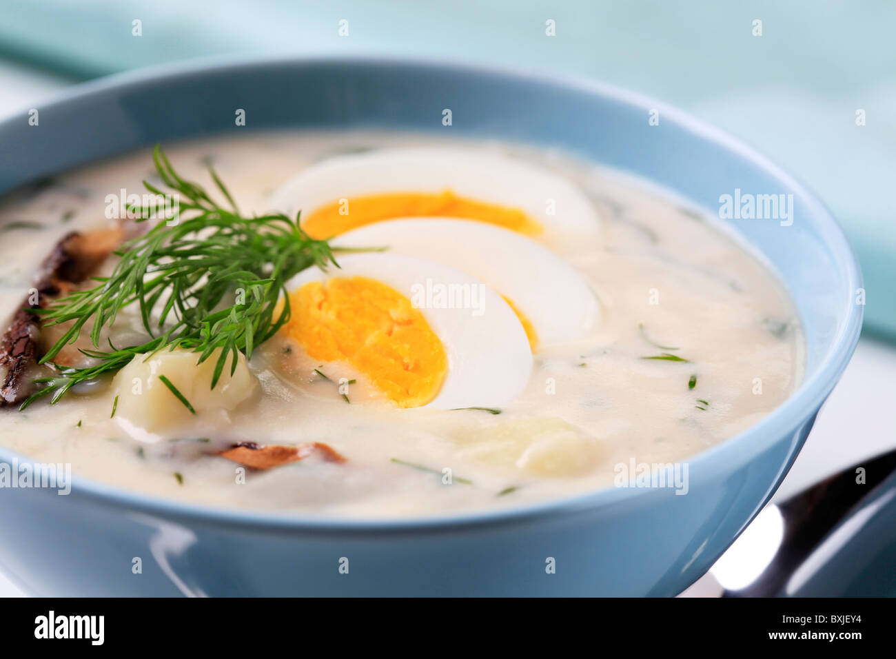 Sour cream soup with dill, mushrooms and potatoes Stock Photo