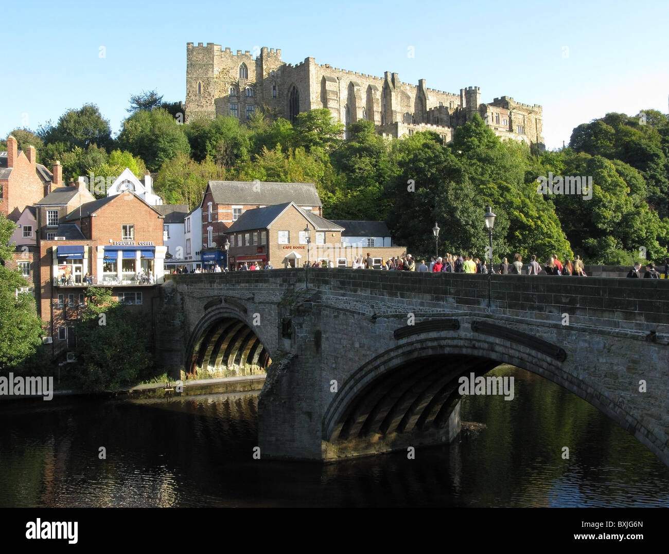 Durham Castle seen over Framwellgate Bridge and River Wear, Durham City, County Durham, England, UK. Stock Photo