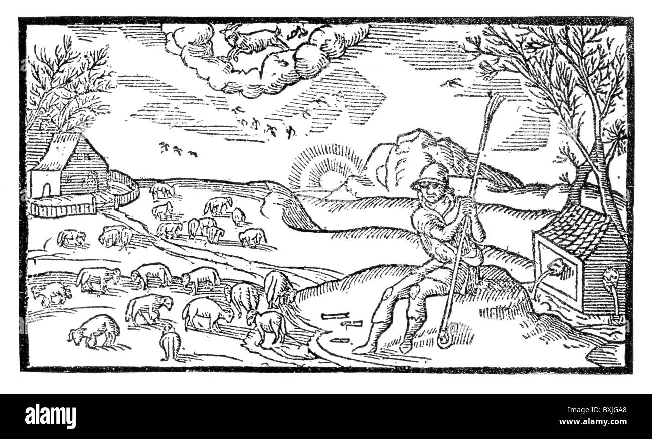 The Shepherd's Calendar; December; Illustration to the Poem of the same name by Edmund Spenser, 1579; B& W Illustration Stock Photo
