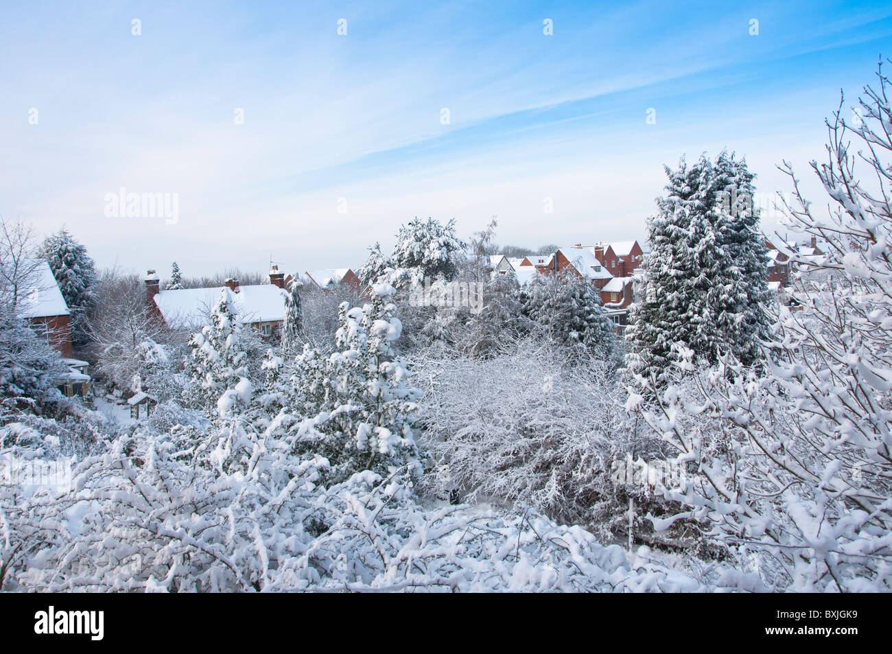 A scenic landscape of Worcestershire rooftops (outskirts of Redditch) after the heavy snow falls of December 2010. England Stock Photo
