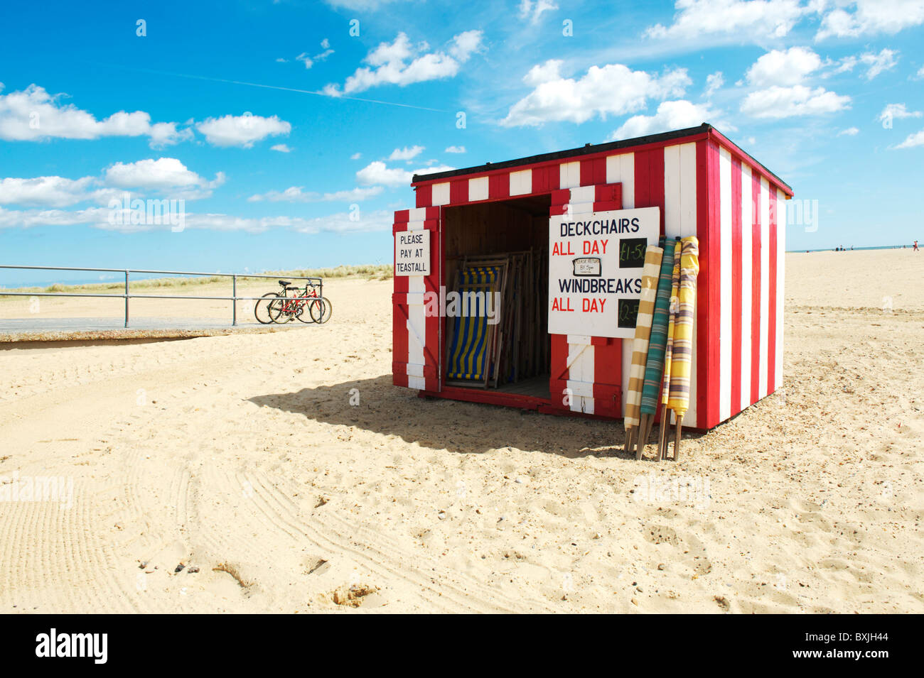 Deck Chairs for rent from beach hut on the beach during summer in Great Yarmouth, Norfolk Stock