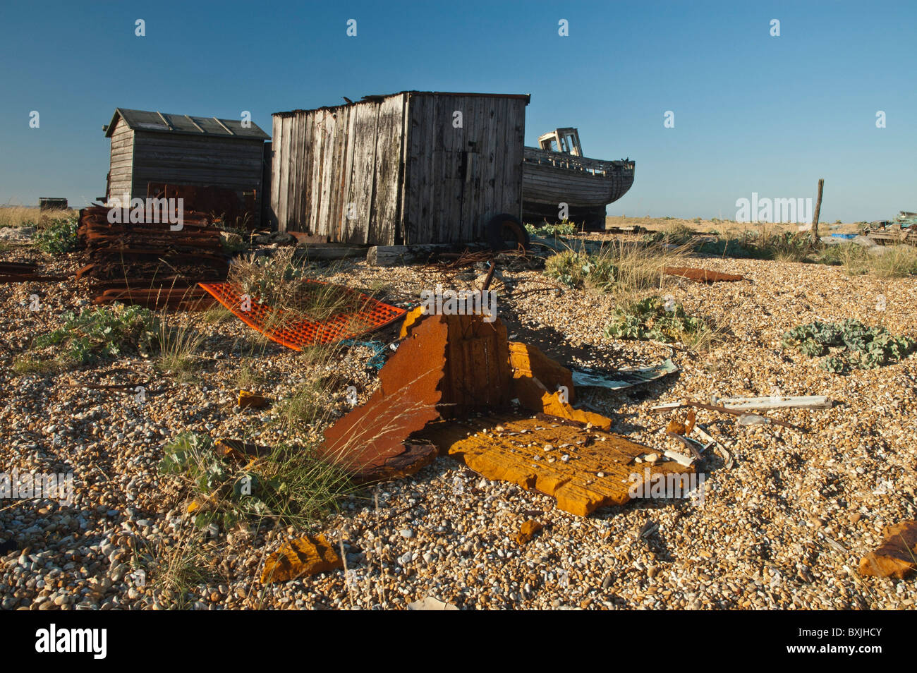 Old wooden fishermens huts old fishing boat dungeness shingle beach hi ...