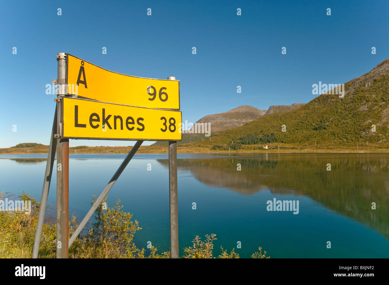 Road sign Leknes Lofoten Islands Nordland, Norway. Stock Photo