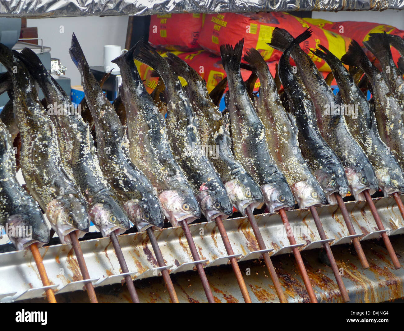 Smoked fish, Oktoberfest, Munich beer festival, Bavaria, Germany Stock Photo