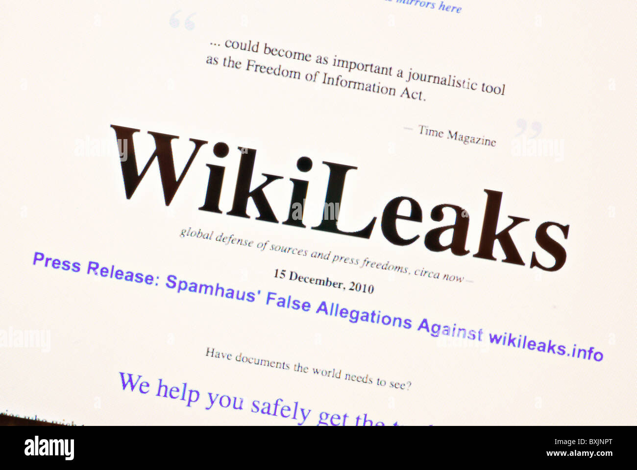 Home page of the controversial WikiLeaks website Stock Photo
