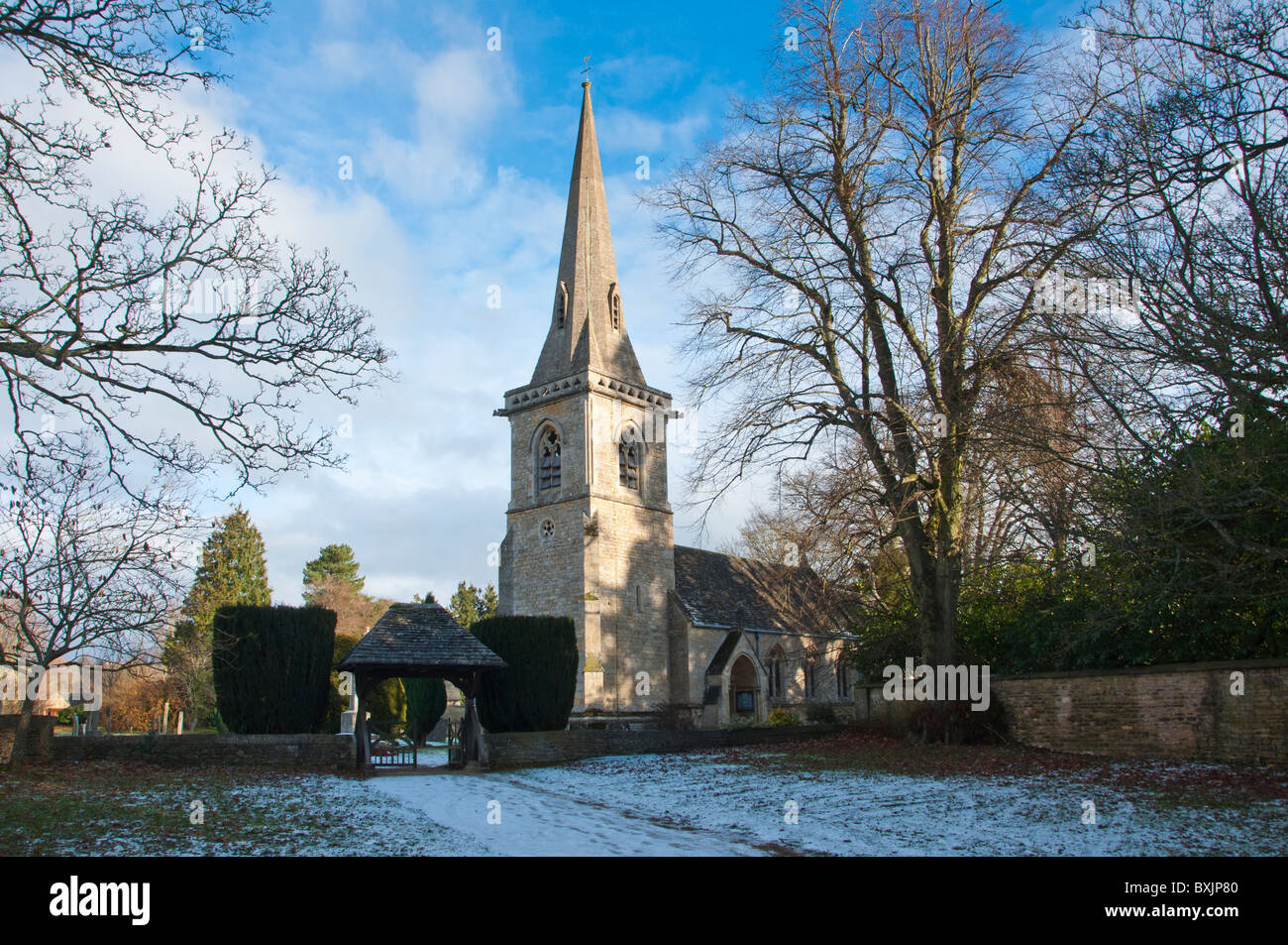 St. Mary's Church, lower Slaughter, Gloucestershire, England in snow. Stock Photo
