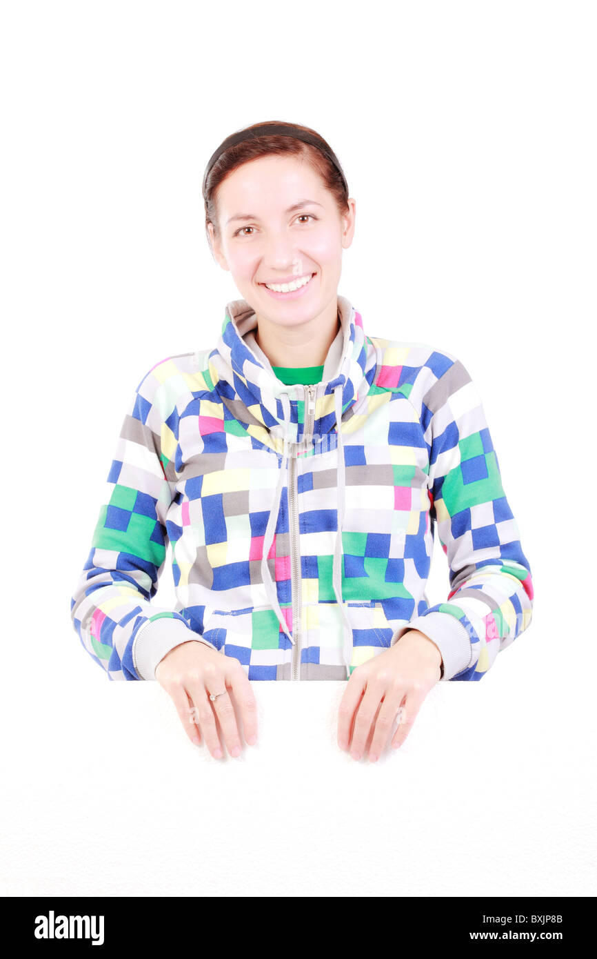 happy girl holding white styrofoam, against white Stock Photo - Alamy
