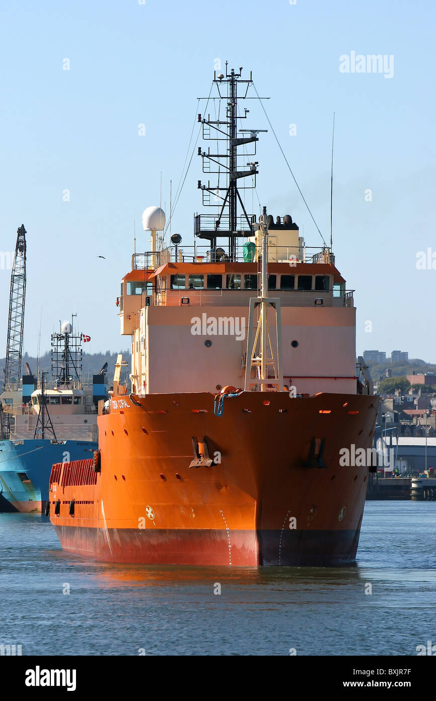 oil industry support and supply vessel arriving Aberdeen Scotland Stock