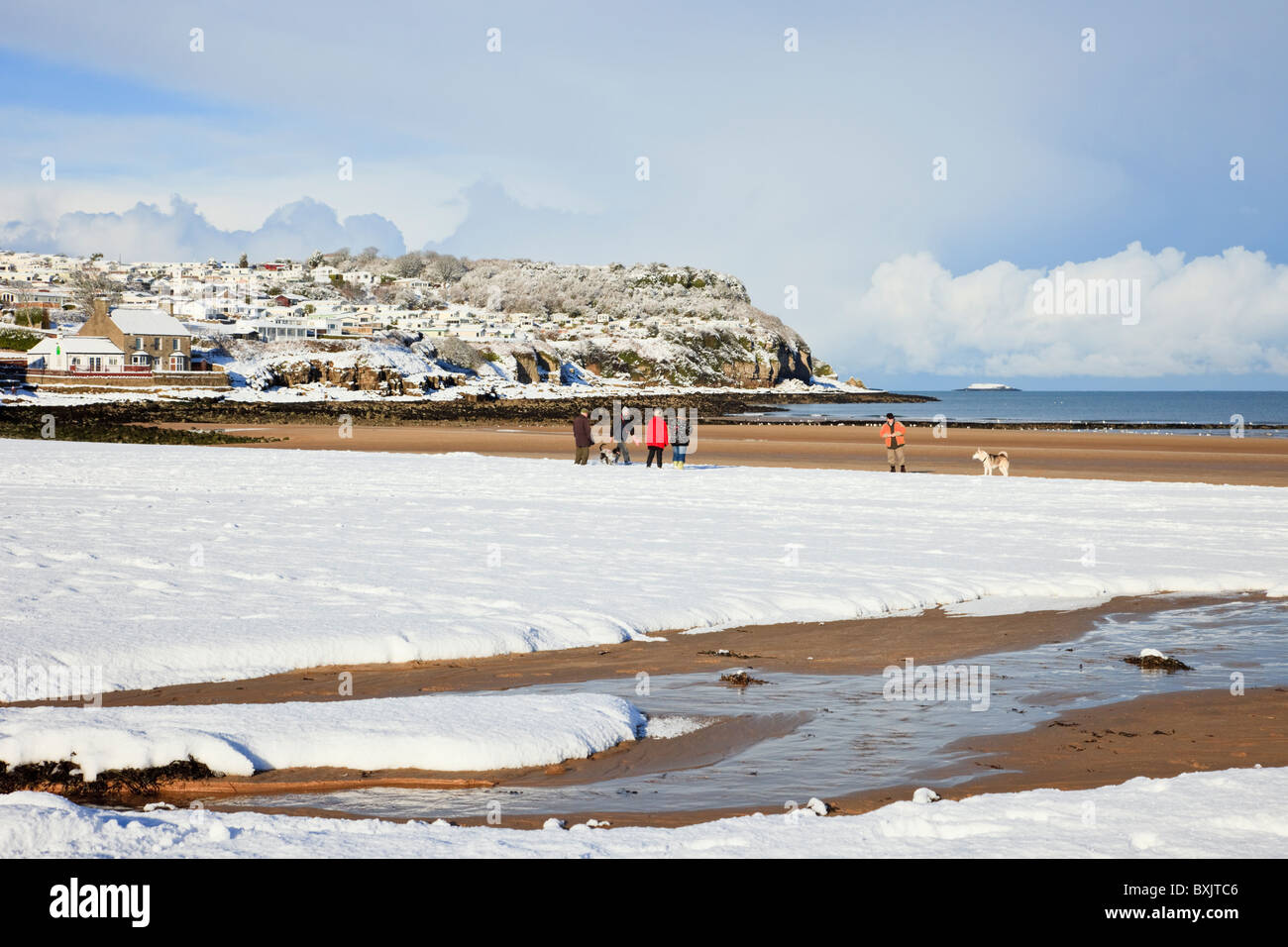 People walking with dogs on the beach with snow in winter. Benllech