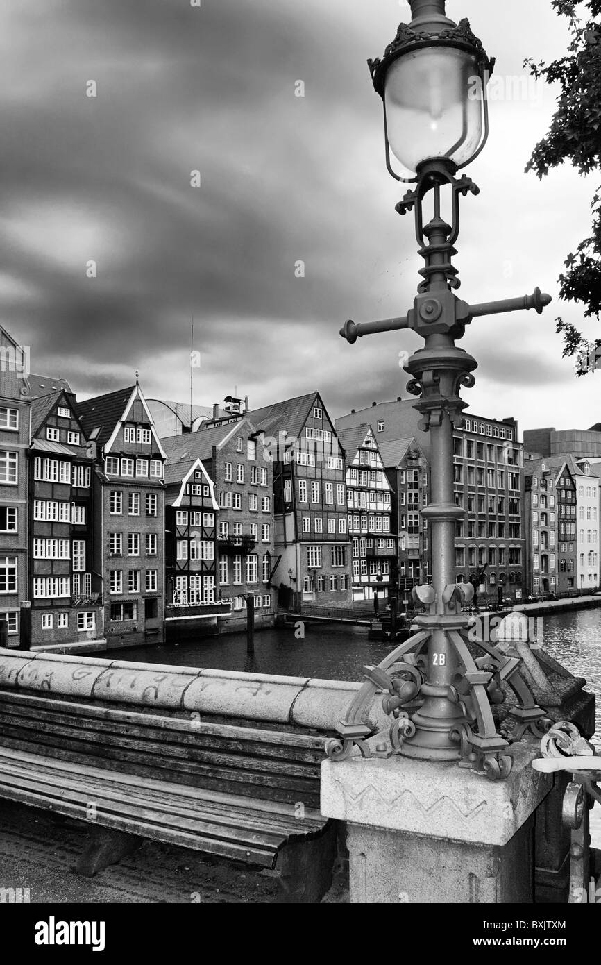 The 'Hohe Brücke' (German for 'High Bridge') across the Nikolaisfleet in Hamburg, Germany. Stock Photo