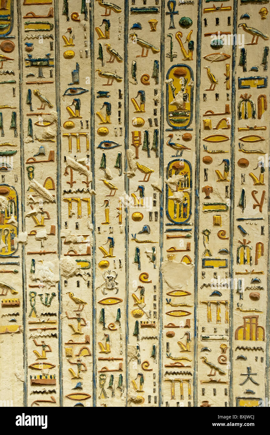 Egypt, Luxor. Egyptian Hieroglyphs at Tomb of tutankhamun Valley of The Kings Luxor. Stock Photo