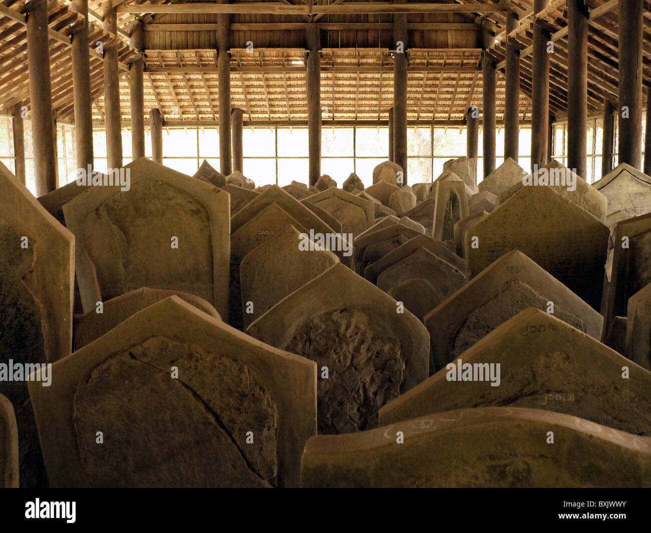 Collection of carved headstones at Mandalay Palace Compound, Mandalay, Burma Myanmar Stock Photo