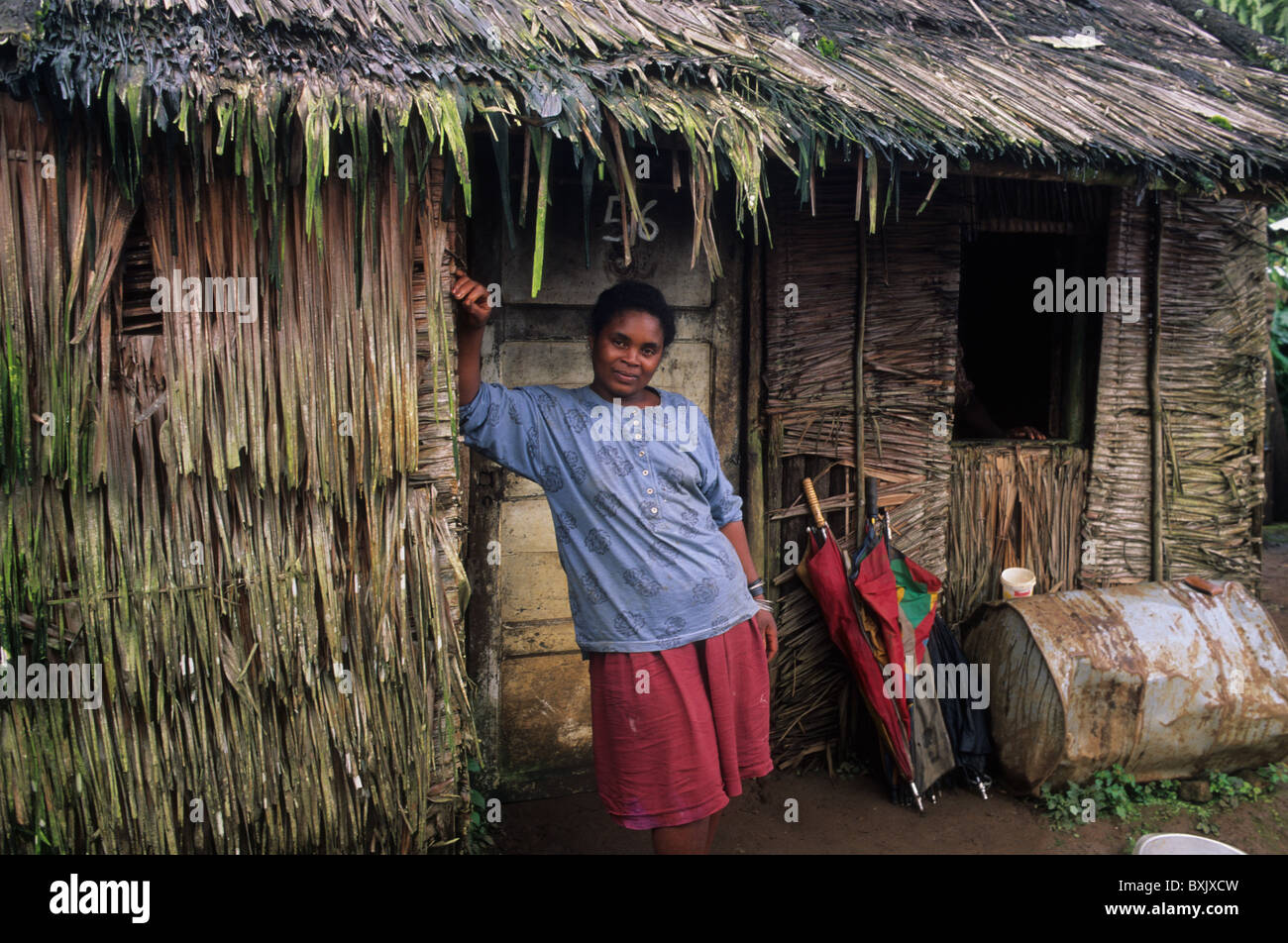 Bubi woman at the door of his house. MOCA South Bioko Island  EQUATORIAL GUINEA Stock Photo
