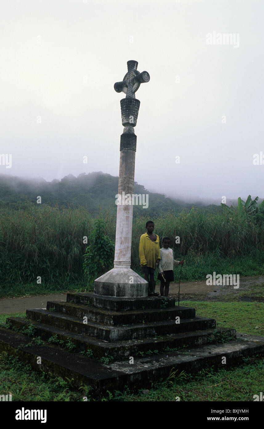Religious stone cross. MOCA South Bioko Island  EQUATORIAL GUINEA Stock Photo