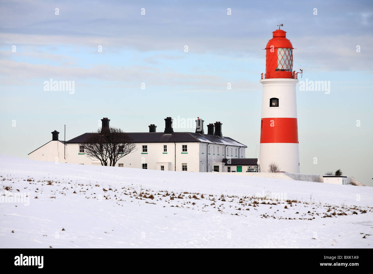 Souter lighthouse, Whitburn, with snow on the ground. England, UK. Stock Photo