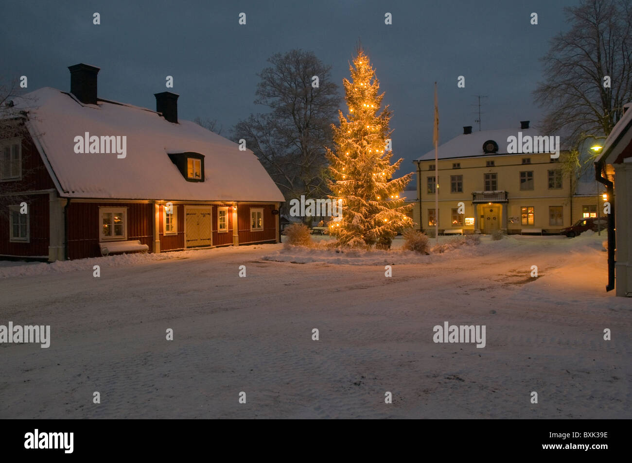 Swedish country house with a big illuminated Christmas tree in front of the house. Stock Photo