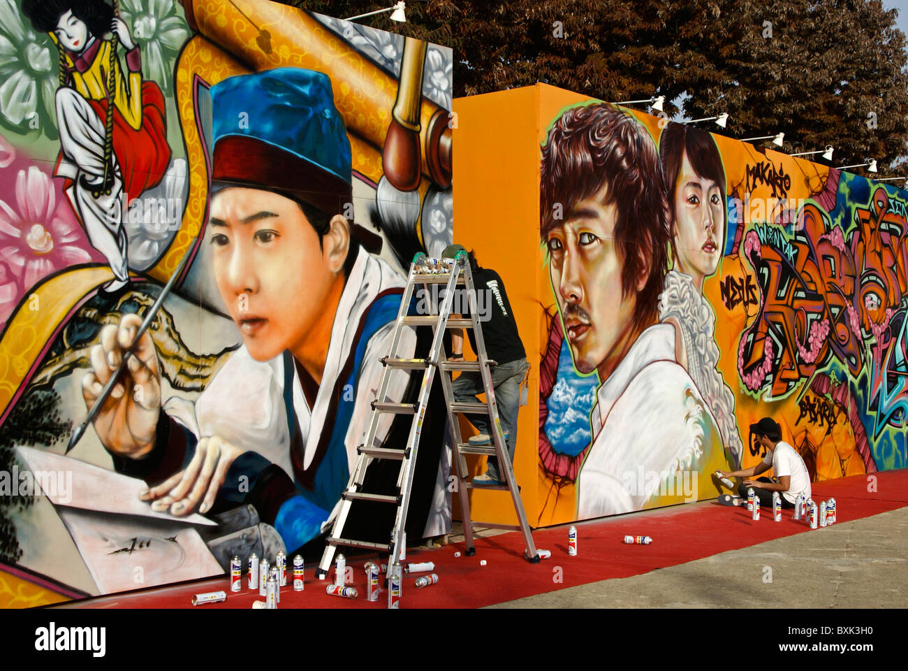 Artists painting murals at Graffiti Festival, Jinju Fortress, South
