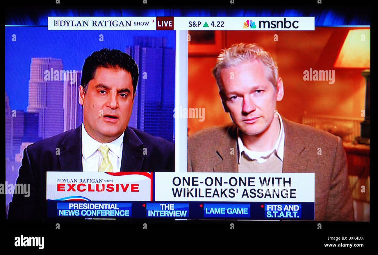MSNBC anchor Cenk Uyger interviewing WikiLeaks founder Julian Assange Stock Photo