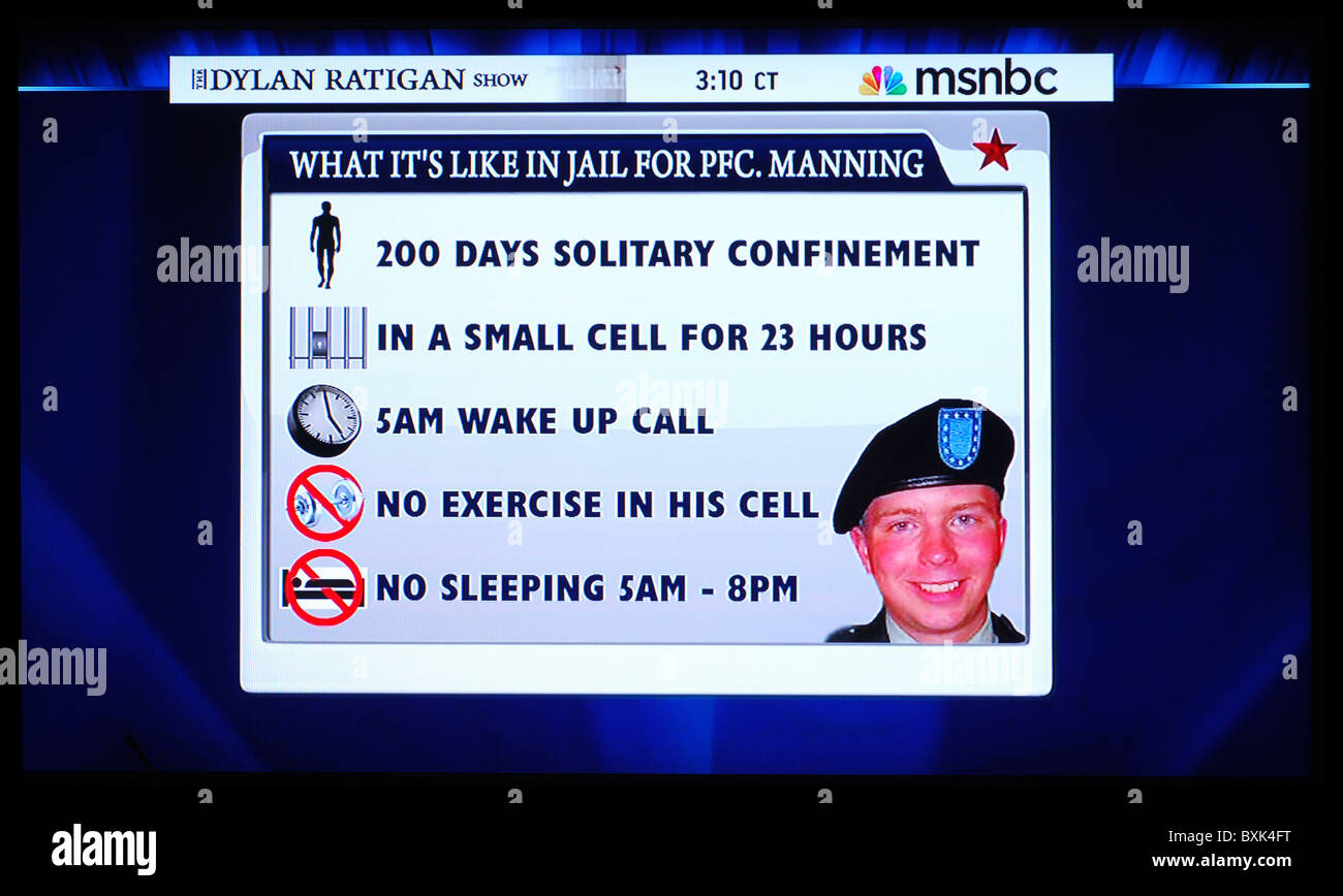 Stats on Pfc Bradley Manning during exclusive interview on MSNBC with WikiLeaks founder Julian Assange Stock Photo