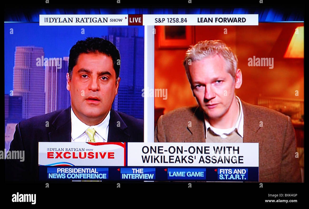 MSNBC anchor Cenk Uyger interviewing WikiLeaks founder Julian Assange Stock Photo