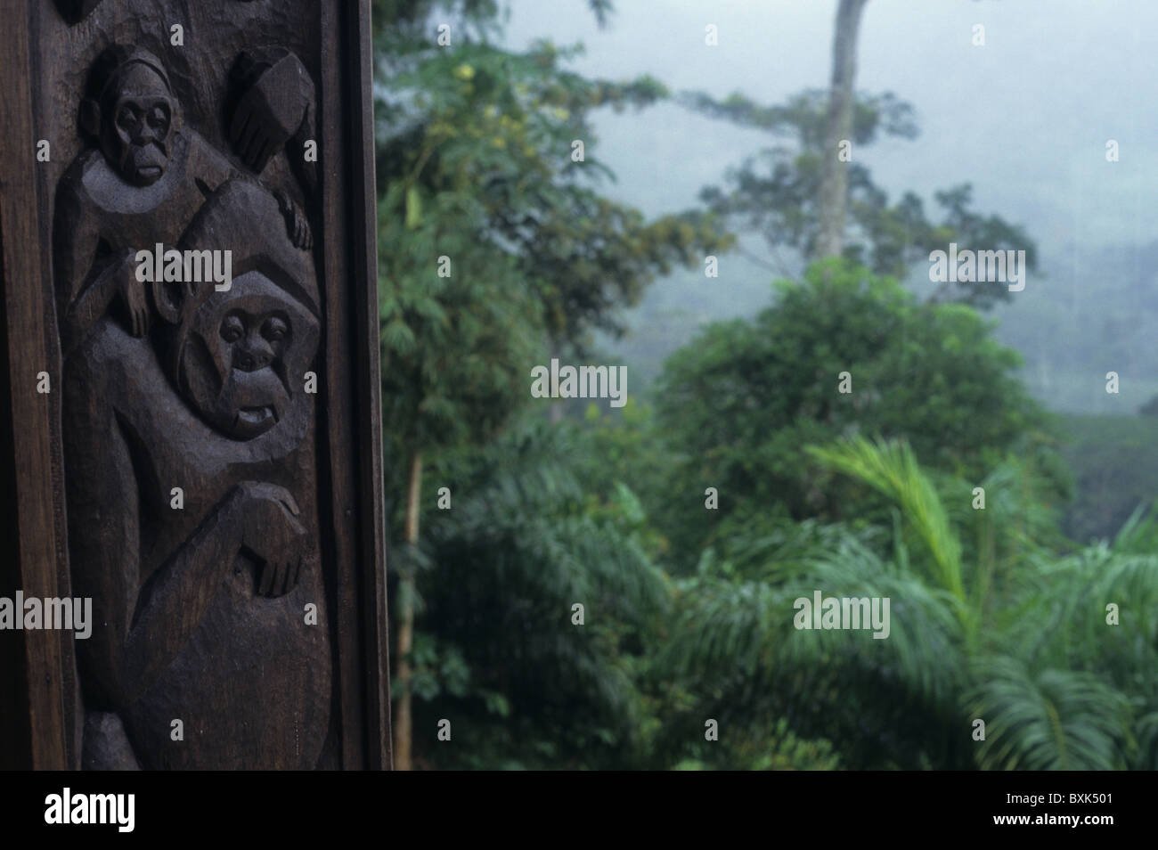 Carved monkeys on the terrace of the hotel. ' MONTE ALEN  National Park '   Continental Region  EQUATORIAL GUINEA Stock Photo