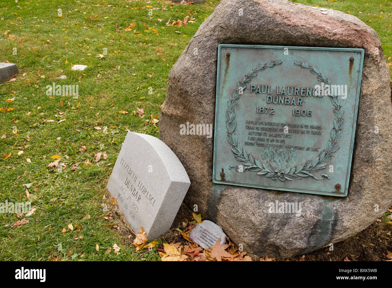 Paul Laurence Dunbar Grave Site. Woodland Cemetery, Dayton, Ohio, USA. Wife Elizebeth Florence Dunbar grave stone to the left. Stock Photo