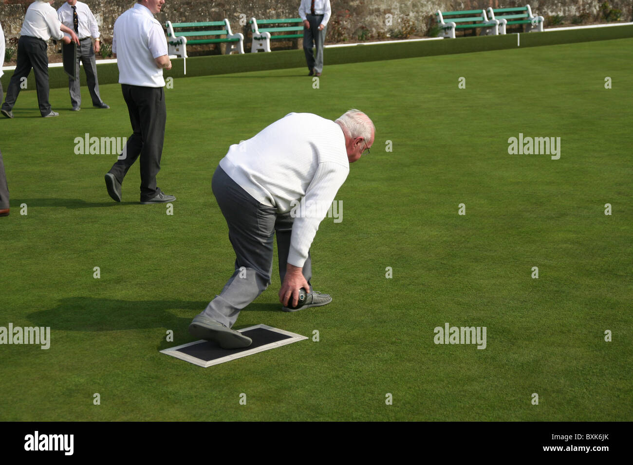 Senior man about to roll a bowl in a Lawn Bowling game Stock Photo
