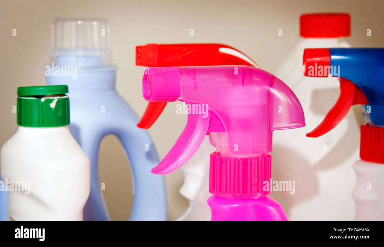Many generic cleaning products in different coloured bottles Stock Photo