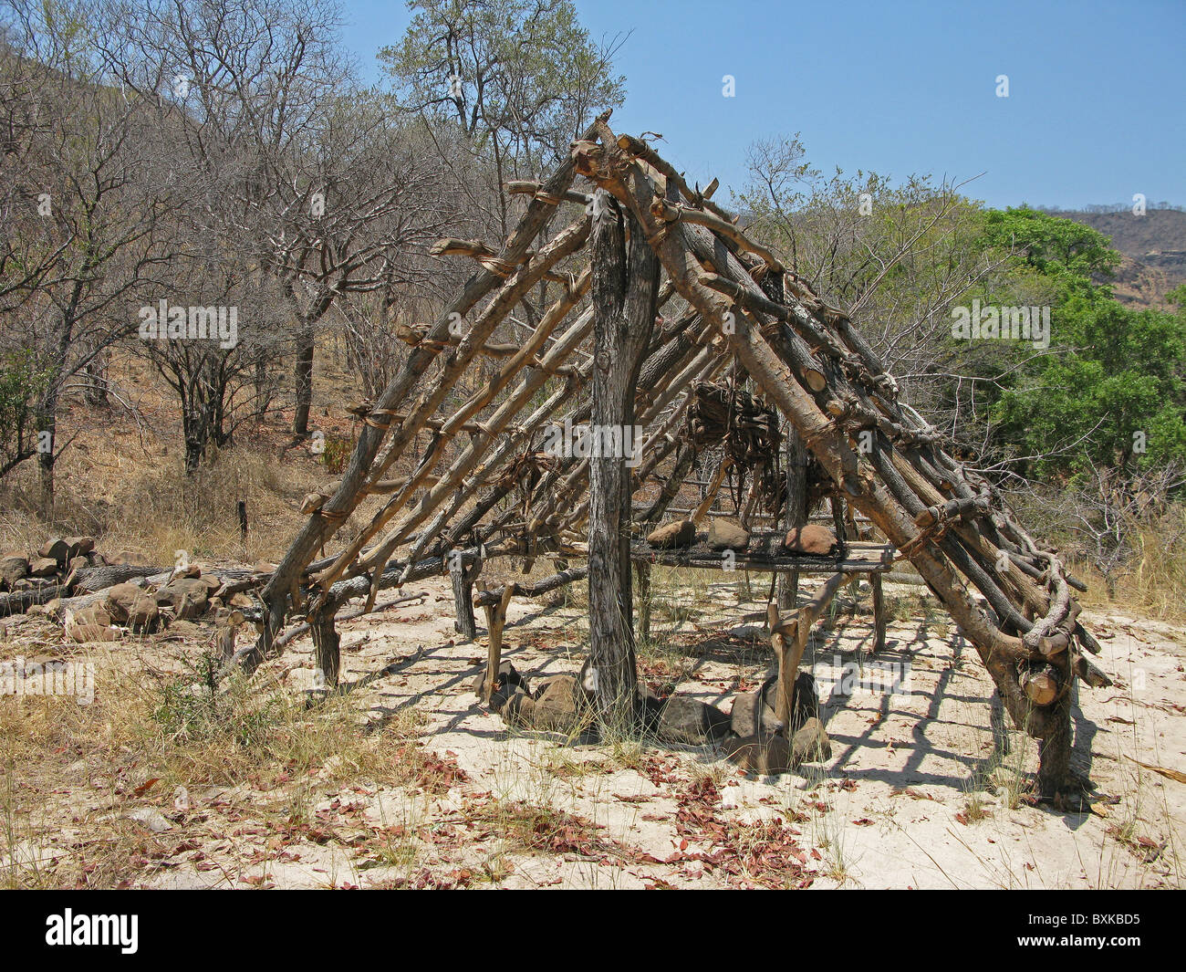 A seasonal fisherman's hut along the banks of the Zambezi river. Stock Photo