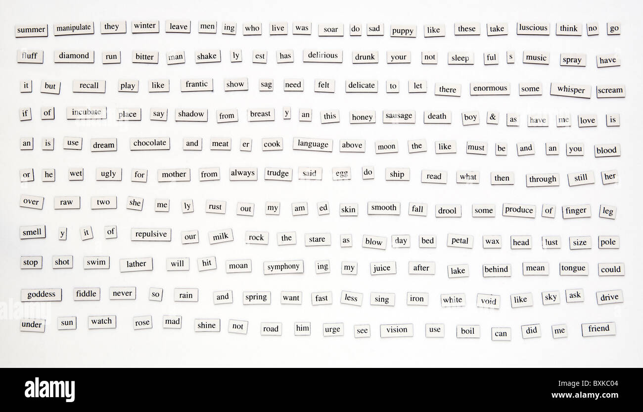 Over 200 different words and word-forms on magnetic tiles Stock Photo