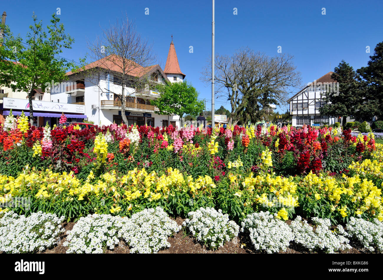 Main square with flower gardens, Nova Petropolis, Rio Grande do Sul, Brazil Stock Photo