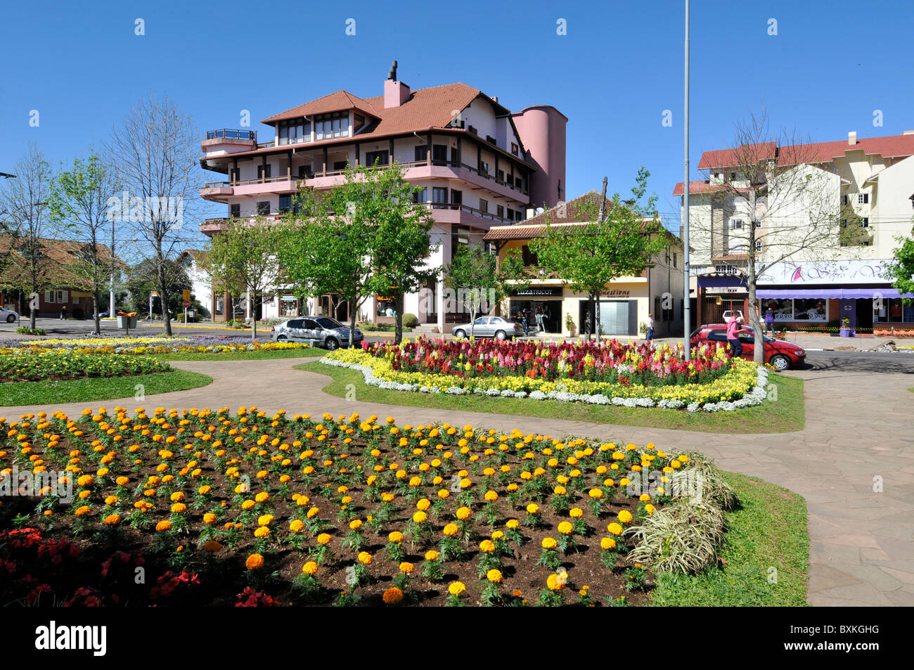 Main square with colorful flower gardens, Nova Petropolis, Rio Grande do Sul, Brazil Stock Photo
