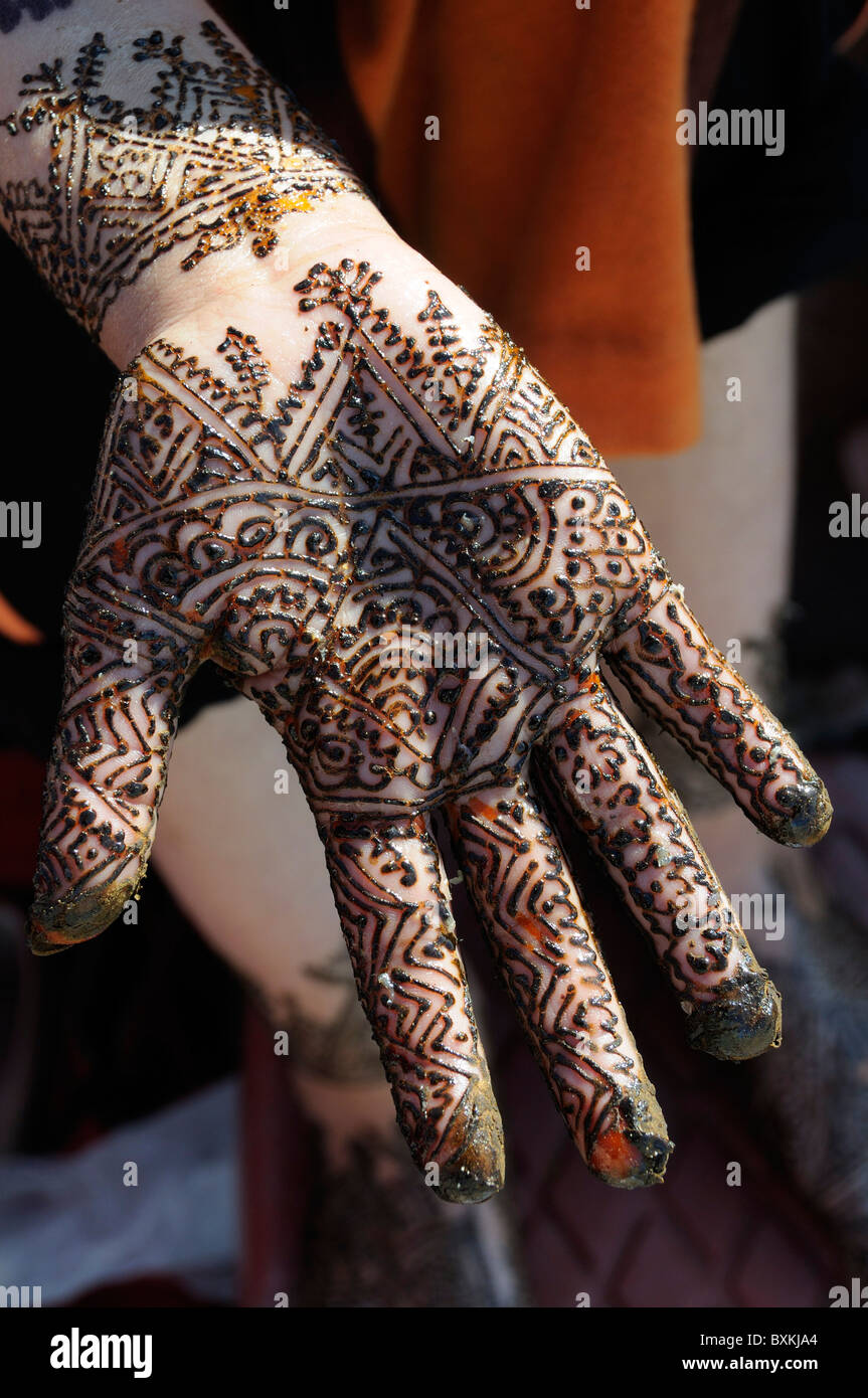 Henna decorated hand, Essaouira Stock Photo