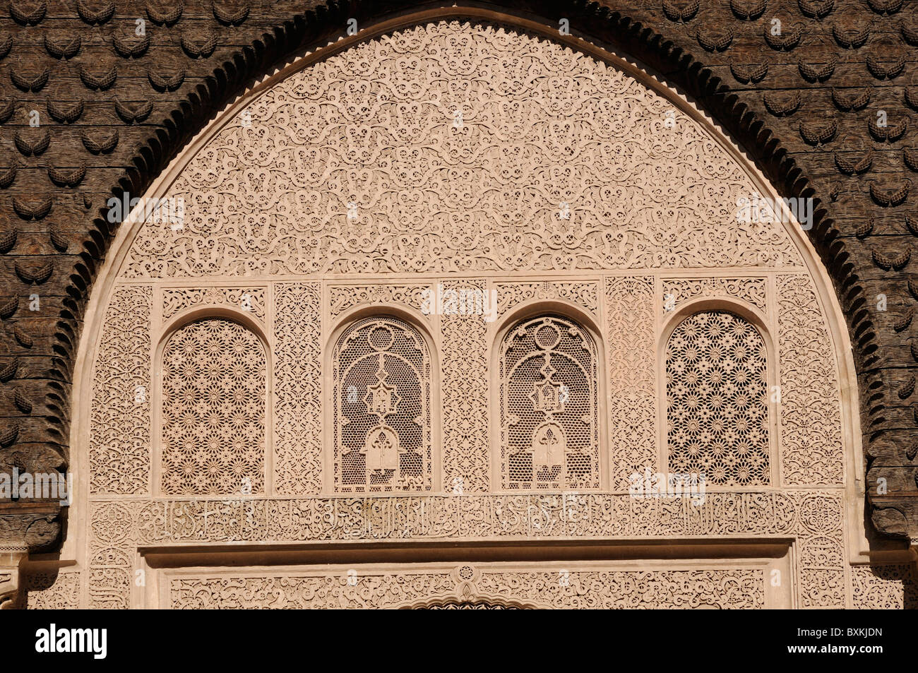 Architectural detail, Central Courtyard at Ben Youssef Medersa Stock Photo