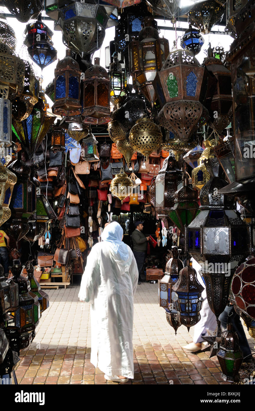 Interior of lamp stall with street scene, near Potter's Souk in Marrakech Stock Photo