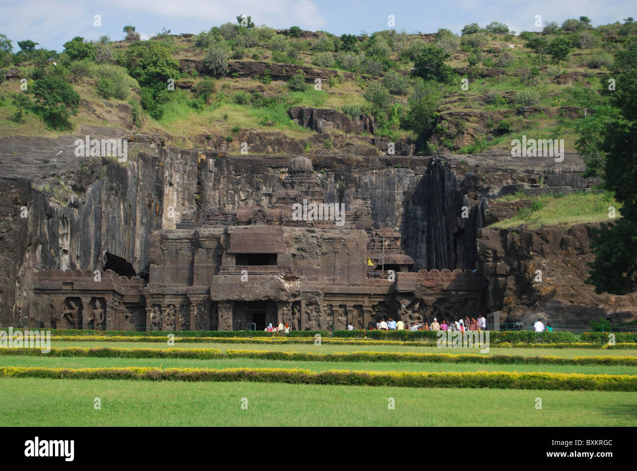 Cave 16 : Longshot of the great Kailasa, the world famous monolithic excavation, Ellora Caves, Aurangabad, Maharashtra, India Stock Photo