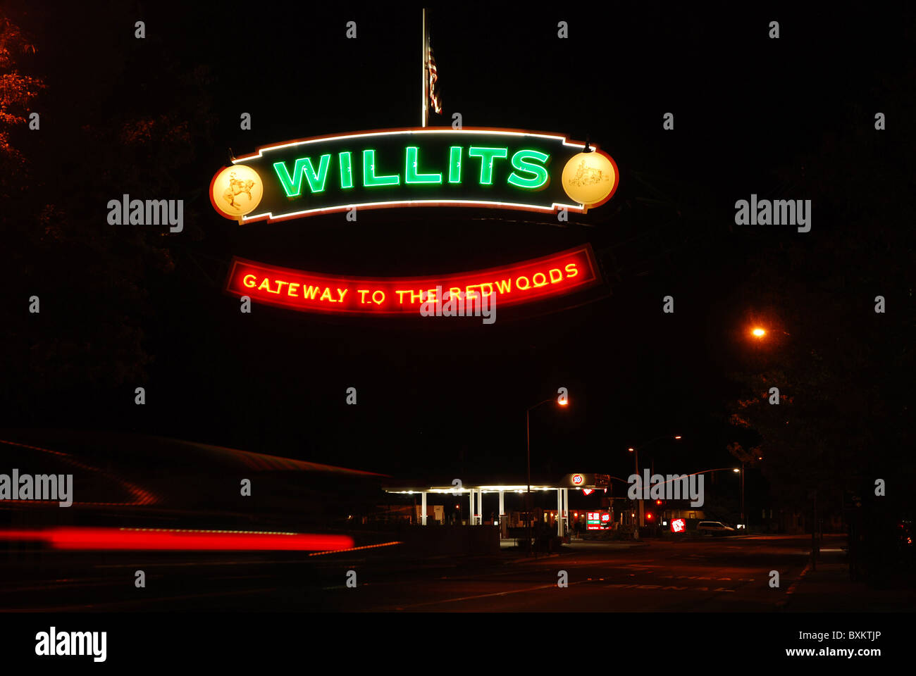 Willits Gateway to the Redwoods neon sign, Willits, California Stock